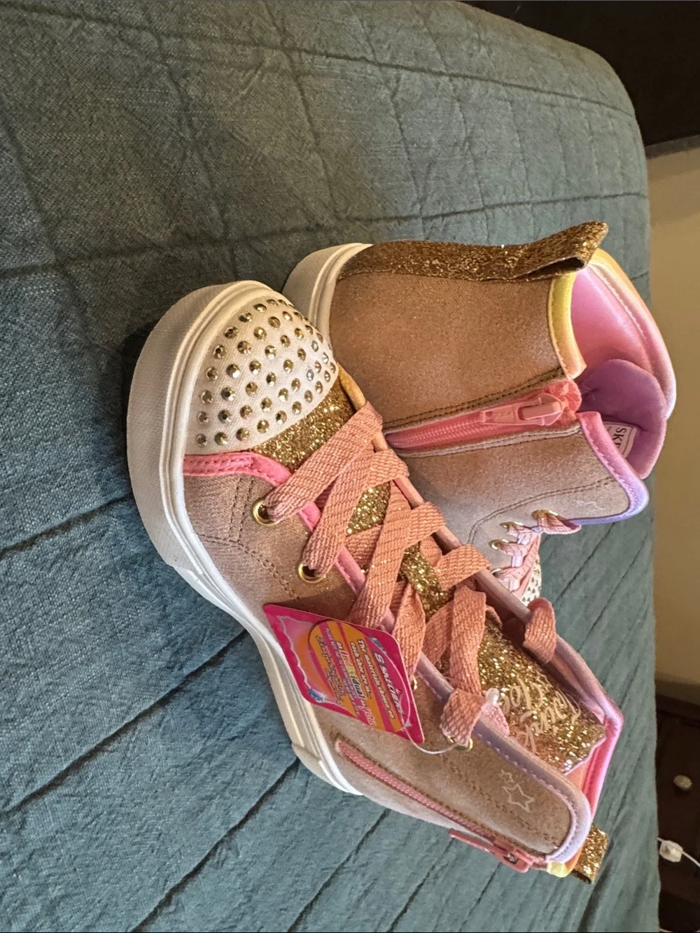 Skechers Girls Pink and Gold Glitter High-Top Sneakers